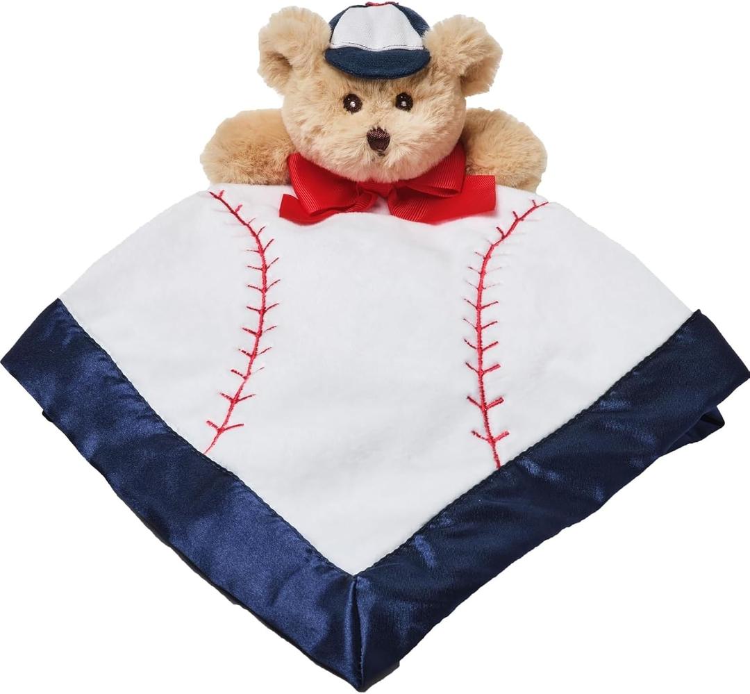 Bearington Collection Lil Slugger Snuggler Plush Baseball Lovey for Baby - 15 in Plush & Satin Security Blanket - Soft Teddy Bear Infant & Toddler Baseball Baby Blanket for Napping