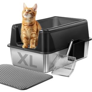 Marchul Stainless Steel Cat Litter Box with High Walls & Metal Scoop/Mat/Scoop Holder, XL Large for Multi-Cat Homes, Anti-Urine Leakage for Heavy Flow Cats (Open)
