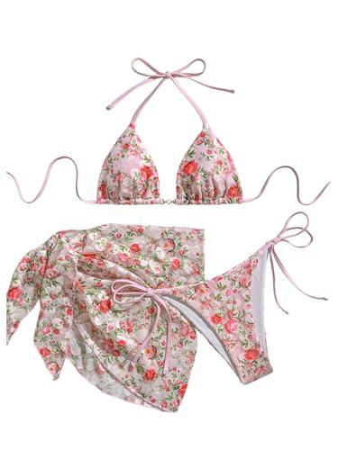 MakeMeChic Women's 3 Piece Bikini Set Floral Halter Triangle Tie Side Thong Swimsuit with Cover Up Skirt Pink Large