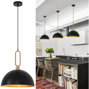 15.75in Dome Pendant Lights, Black Gold Metal Light for Dining Room, Modern Large Hanging Chandelier Lighting Fixtures for Kitchen Island Entryway Over Sink/Table Restaurant