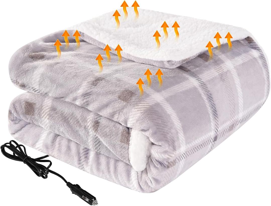 Westinghouse Heated Car Blanket, 12-Volt Electric Blanket for Car, Truck, SUV, RV, Portable Heated Throw for Camping, Beige Buffalo Plaid, 59" x 43