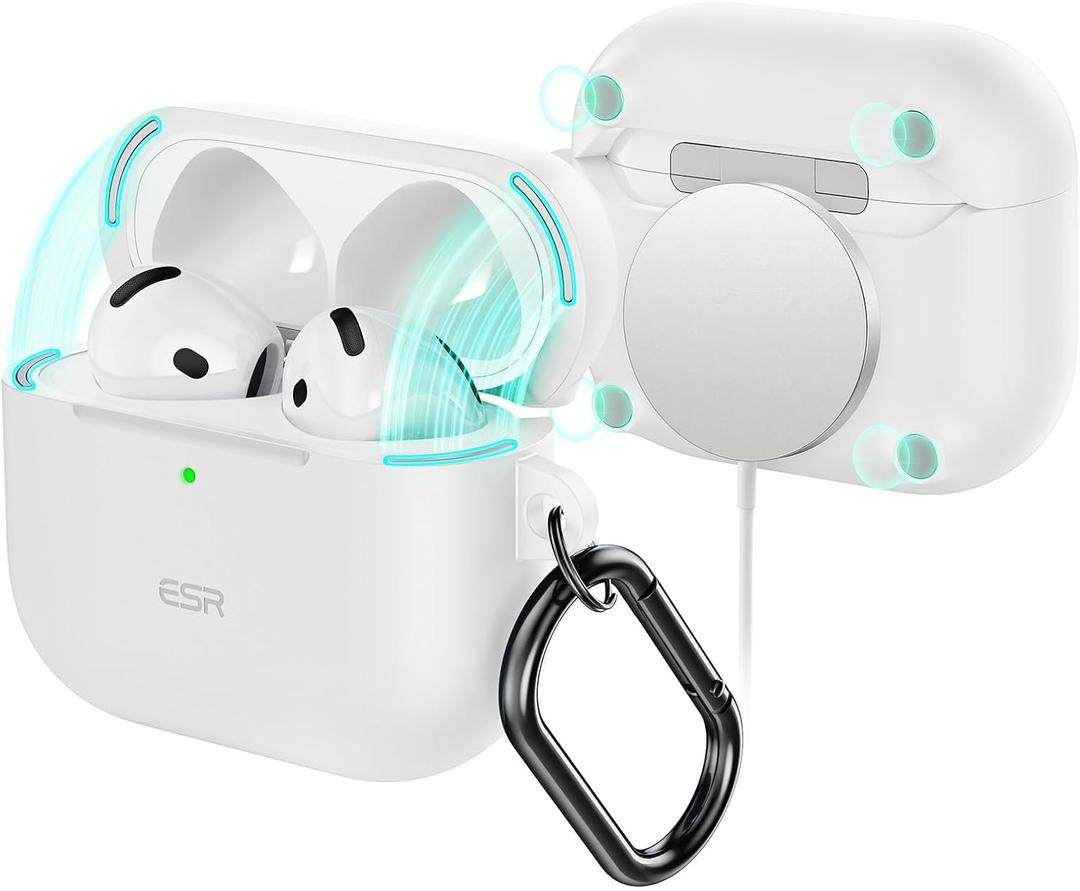 ESR for AirPods 4 Case (HaloLock), Compatible with AirPods 4th Generation Case (2024) (USB-C), Compatible with MagSafe, Full Drop Protection Cover with Carabiner, Magnetic Lid Lock, White