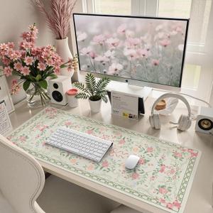 HAOCOO Cute Floral Desk Mat, Green Mouse Pad, Waterproof Desk Matt for Desktop, 35.4" x 15.7" Non-Slip Desk Mouse Pad, Keyboard Mat with Stitched Edge, Desk Pad Mat for Office, Home