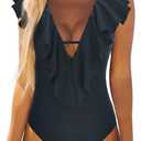Binlowis Deep V Neck Flounce One Piece Swimsuit Ladies Black Color Plunging Beachwear Bathing Suit (Black#1,XL)