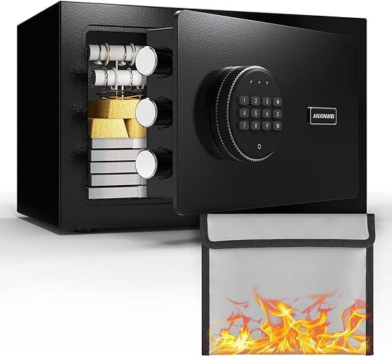 ANXINWEI Small Safe Box, Fingerprint Home Safe for Money, Money Safe with Fireproof Waterproof Bag, 0.8 Cubic Biometric Small Fireproof Safe for Home