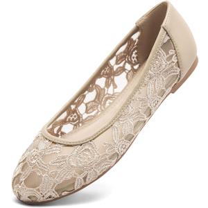 Greatonu Women's Flats Cut Out Round Toe Slip On Floral Ballet Flat Comfortable Lace Flats Dressy (9, Nude)