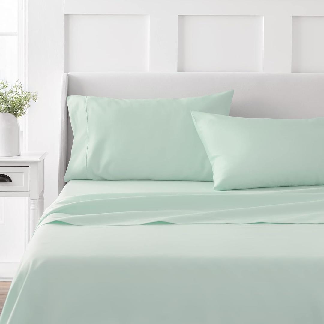 MARTHA STEWART 100% Cotton Twin Sheet Set - 3 Piece, Soft, Smooth, Durable, Easy Care, 16" Deep Pocket Sheets, Bedding Sheet, Sateen Sheet, 1 Flat, 1 Fitted, 1 Pillowcase, Mint Green