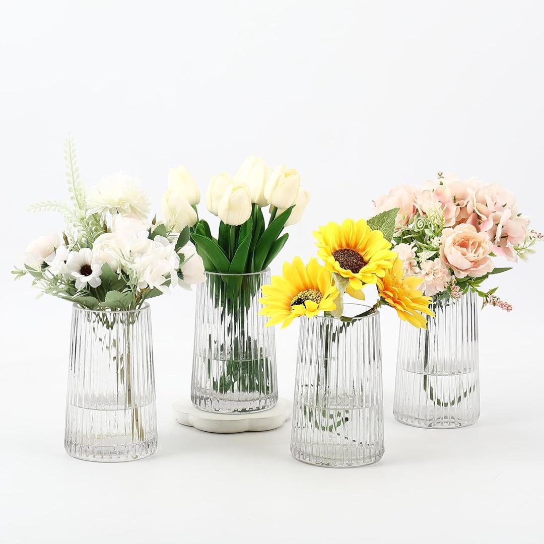 Clear Glass Vases Set of 4, Small Vases for Flowers, Flower Vase for Bouquet, Modern Ribbed Glass Vase for Living Room, Bedroom, Dining Table, Office, Wedding, Centerpieces