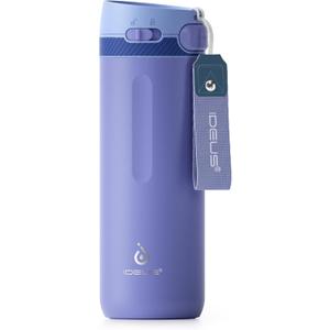 IDEUS Insulated Stainless Steel Water Bottle 17 oz Push Button Lid & Leakproof Travel Mug for Hot/Cold Beverages Fits Most Cup Holder (Blue)