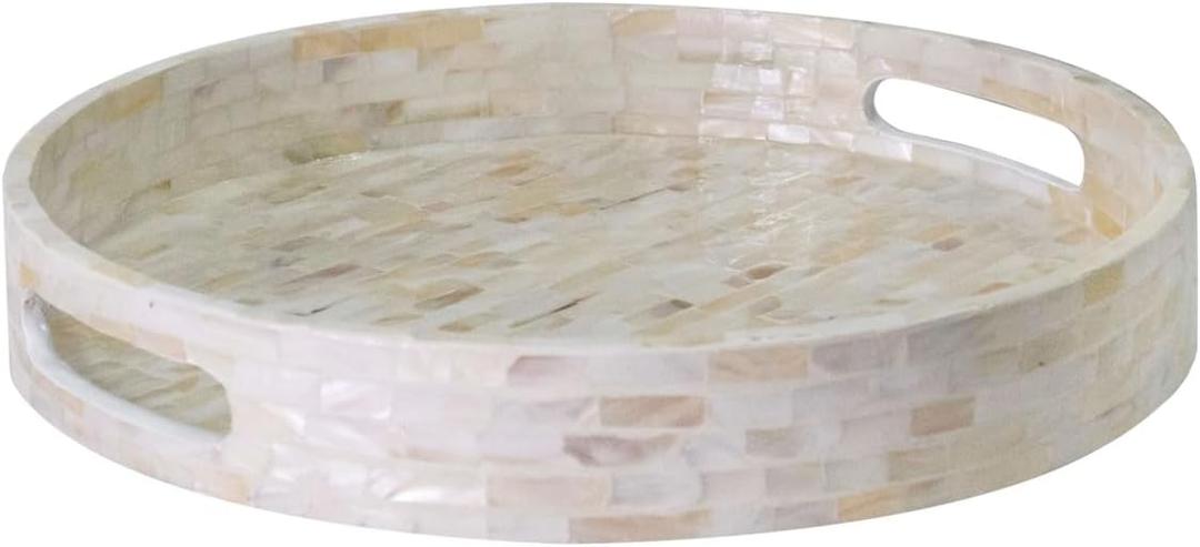 PEMAR 12.6 Mother of Pearl Round Serving Tray with Handles, Decorative Nacred Wooden Ottoman Coffee Table Tray (White Tiles)