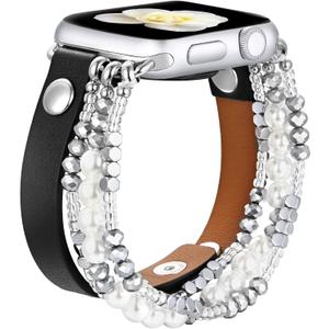 fastgo Leather Band Compatible with Apple Watch 45mm 44mm 42mm 49mm Women, Elastic Beaded Bracelet Strap Adjustable for Iwatch SE &Series 9 Ultra 8 7 6 5 4 3 2 1 (Black/White, 42/44/45/49mm)
