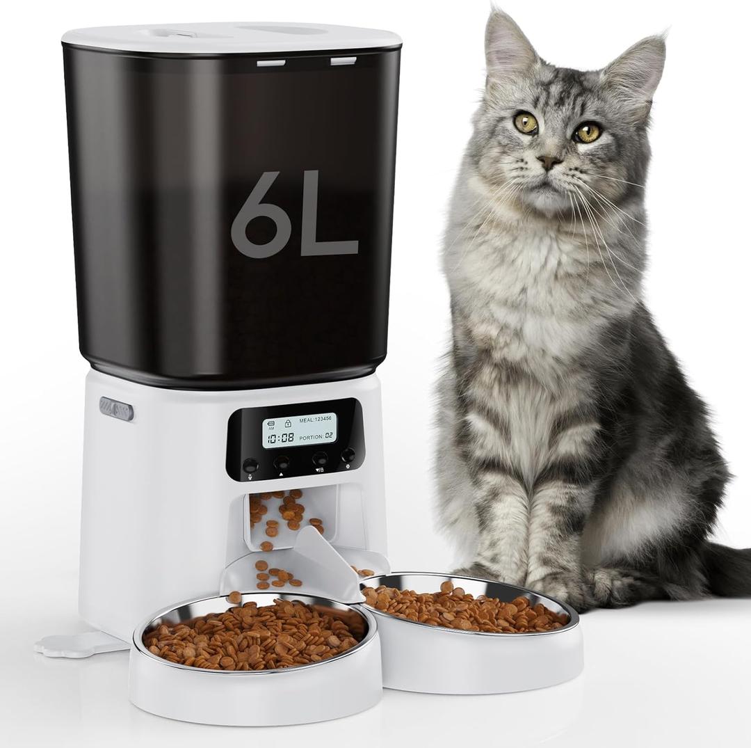 Petrice Automatic Cat Feeder, 4L/16Cups Cat Food Dispenser with Stainless Steel Bowl 30 Portions 6 Meals per Day, Programmable Auto Cat Feeder for Kitty Small Dogs with 10S Voice Record, White