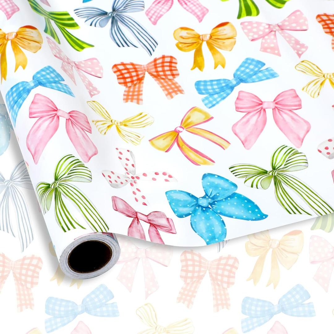 2 x FYSUIMU Colorful Bow Wrapping Paper -Mini Roll- 17 Inch x 32.8Ft Bowknots Gift Wrap Paper Coquette Assorted Design Multicolor Bow Art Paper for Wedding Birthday Baby Shower DIY Crafts