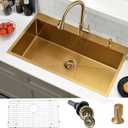33 Inch Gold Drop In Kitchen Sink-Wesliv 33x22 Stainless Steel Sinks Drop In Top Mount 18 Gauge Single Bowl Deep Kitchen Sink with Soap Dispenser & Dish Grid