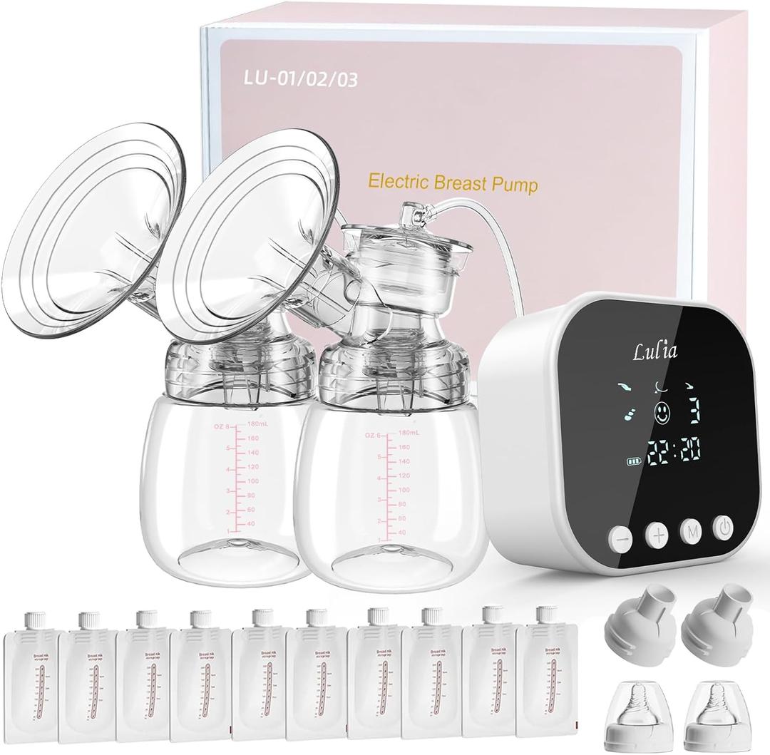 Lulia Double Electric Breast Pump Strong Suction, Portable Breast Pump Electric Breastfeeding Pump, Rechargeable Milk Pump with 4 Modes & 9 Levels, Low Noise, Anti-Backflow & LED Display, 24mm Flange (White)