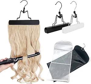 Hair Extensions Holder 24" Hair Extension Storage Bag Wig Bag Storage Organizer Wooden Hanger, Portable Dust-Proof Waterproof Hair Extensions Wig Hanger 2 PCS, Black & White