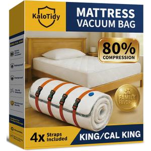 Memory Foam Mattress Vacuum Bag, Heavy-Duty Mattress Storage Bag for Moving and Transport, Mattress Compression Bag with Straps & Dual-Zip Seal (Orange Straps, King/Cal-King)