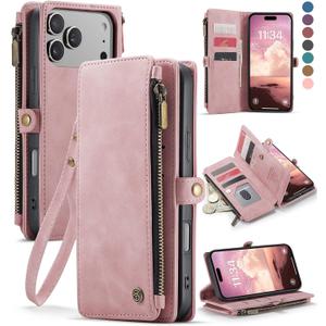 Defencase Compatible with iPhone 17 Pro Case Wallet with RFID Blocking Card Holder for Women Men, Fashion PU Leather Magnetic Snap Flip Zipper Strap Wallet Phone Case for iPhone 17 Pro 6.3", Rose Pink