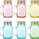 16 oz Glasses Cups Set - 6 Pack Wide Mouth Tumbler with Leakproof Bamboo Lids & Metal Straws, Colorful Jar drinking Glasses Tumblers with Handle for Iced Coffee, Juice and Smoothie