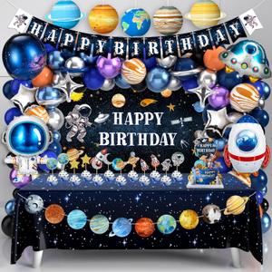 Outer Space Birthday Party Decorations Space Themed Party Supplies Planet Banner Backdrop Cake Topper Solar System Paper Lantern Galaxy Tablecloth Balloon Garland Kit for Space Astronaut Party Decor