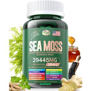 Sea Moss 12000mg Black Seed Oil 6000mg Ashwagandha 3000mg Turmeric 1000mg Bladderwrack 2000mg Burdock 3000mg & Vitamin C & D3 with Elderberry Manuka Dandelion Yellow Dock Iodine Chlorophyll ACV, BB 01/2027