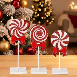 3 Pcs Christmas Table Decorations Wooden Candy Set Tiered Tray Decor Red and White Candy Centerpieces Wood Decorations for Home Tables Christmas Decor (Fresh)