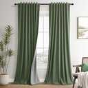 Olive Green Linen 100% Blackout Curtains for Bedroom 102 Inches Long Linen Textured Back Tab Room Darkening Soundproof Heat Blocking Patio Door Nursery Window Curtains 2 Panels 52x102