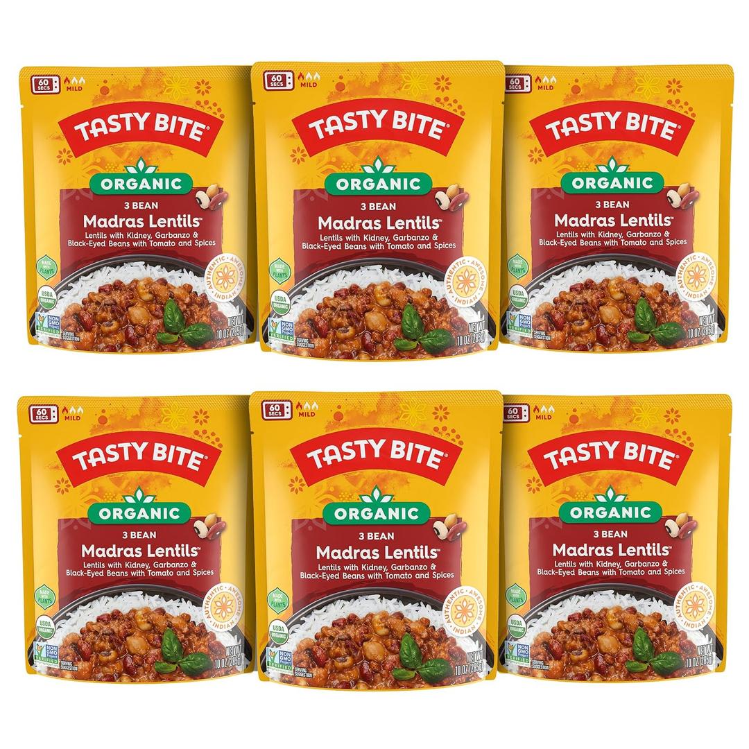 Tasty Bite Organic 3 Bean Madras Lentils, 10 Ounce, Pack of 6, Simmered With Tomato & Spices, Ready to Eat, Microwavable (EXP 12/31/26)
