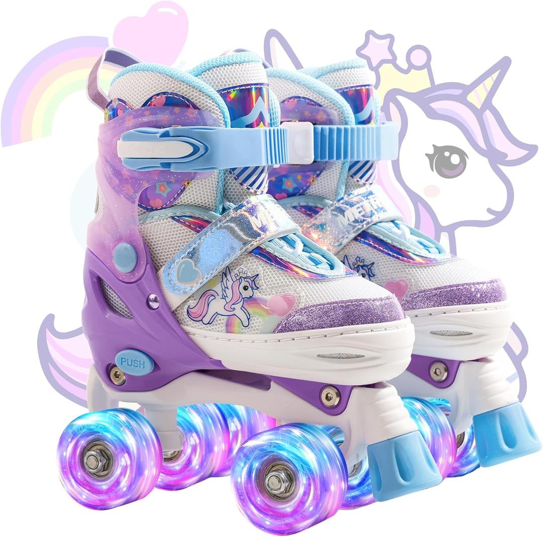 METROLLER Kids Roller Skates Girls Ages 4-6 5-8 8-12 Adjustable Toddler Roller Skates Shining Wheels Little Unicorn Sports Outdoors (Purple & White, Large-Youth (3-6 US))