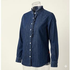 Denim Shirt Ruffle Collar Long Sleeve Button Down Top L