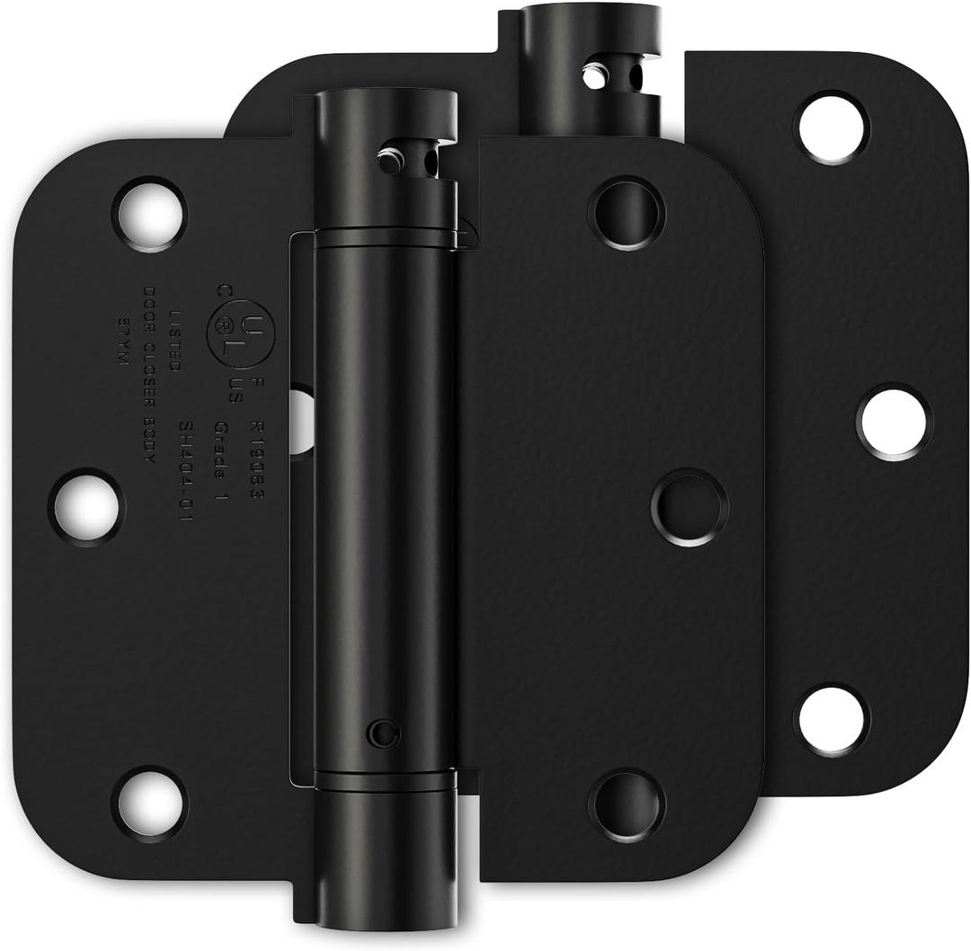 Luxbaro 2 Pack Self Closing Door Hinges 3.5 Inch, Matte Black Spring Loaded Hinges with 5/8'' Radius Corners, Adjustable Tension for Garage, Front Door, for Left and Right Hand Door, UL Listed