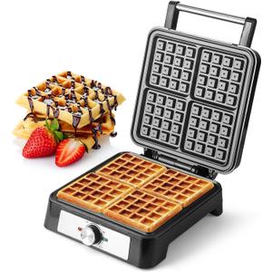 UVFAST Waffles Maker Waffle Iron, 4 Belgian Square Waffle Maker, Belgian Waffle Maker Thick with Non-stick Plate, Breakfast Waffle Machine Make Waffle in Minutes, 3 Browning Level, 1200W