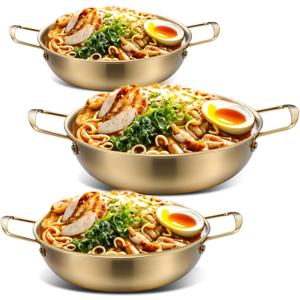 3 Pcs Korean Ramen Noodle Pot with Handles, Stainless Steel Everyday Pan, Golden Korean Cooking Pot for Soup, Noodle, Pasta, Home and Outdoor, Dishwasher Safe, Size 7", 8.7", 9.5"