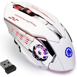 MELOGAGA Wireless Gaming Mouse Bluetooth Mouse RGB Rechargeable 2.4G USB Cordless Computer Mice with 7 Color Backlit, 6 Buttons & Silent Click for Laptop, iPad, Mac OS, PC, Windows -White