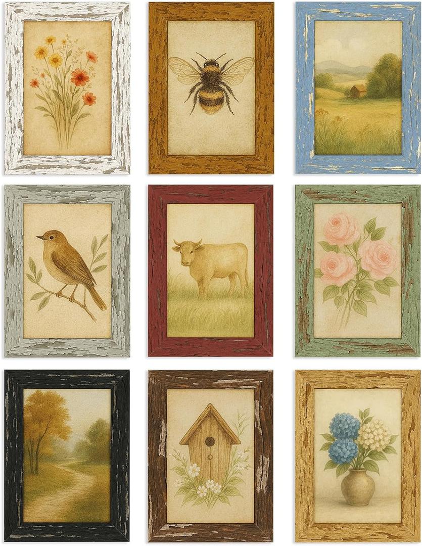 puthiac 4x6 Picture Frames Set of 9, Rustic Farmhouse Gallery Wall Decor with 9 Curated Distressed Finishes and 9 Vintage Art Prints, Wall or Tabletop Decor for Living Room, Bedroom