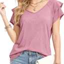 VahRuta Womens Summer Boho Clothes Flowy Tops Floral Shirts V Neck Loose Fit Casual Short Sleeve (Pink, L)