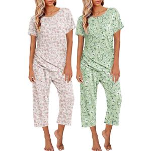 Ekouaer 2 Pack: Womens Pajamas Short Sleeve Sleepwear Tops and Capri Pants Pjs Print Pajama Sets (Large, Green Flowersbeige Flowers)