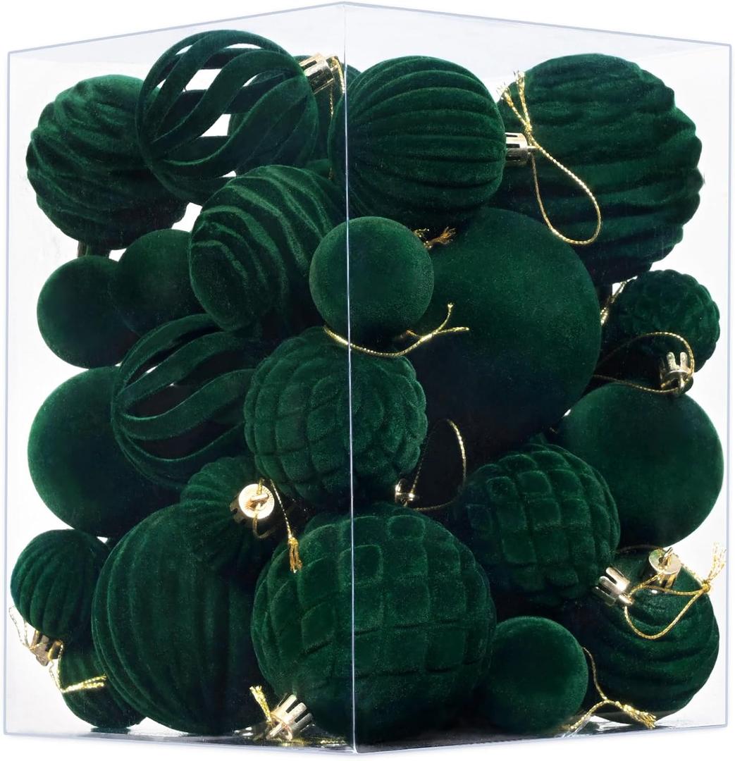 Waipfaru 38Pcs Velvet Ornaments for Christmas Tree Dark Green Flocked Christmas Ornaments Shatterproof Hanging Ball Set for Xmas Winter Holiday Decorations in 3 Sizes(Large Medium Small)