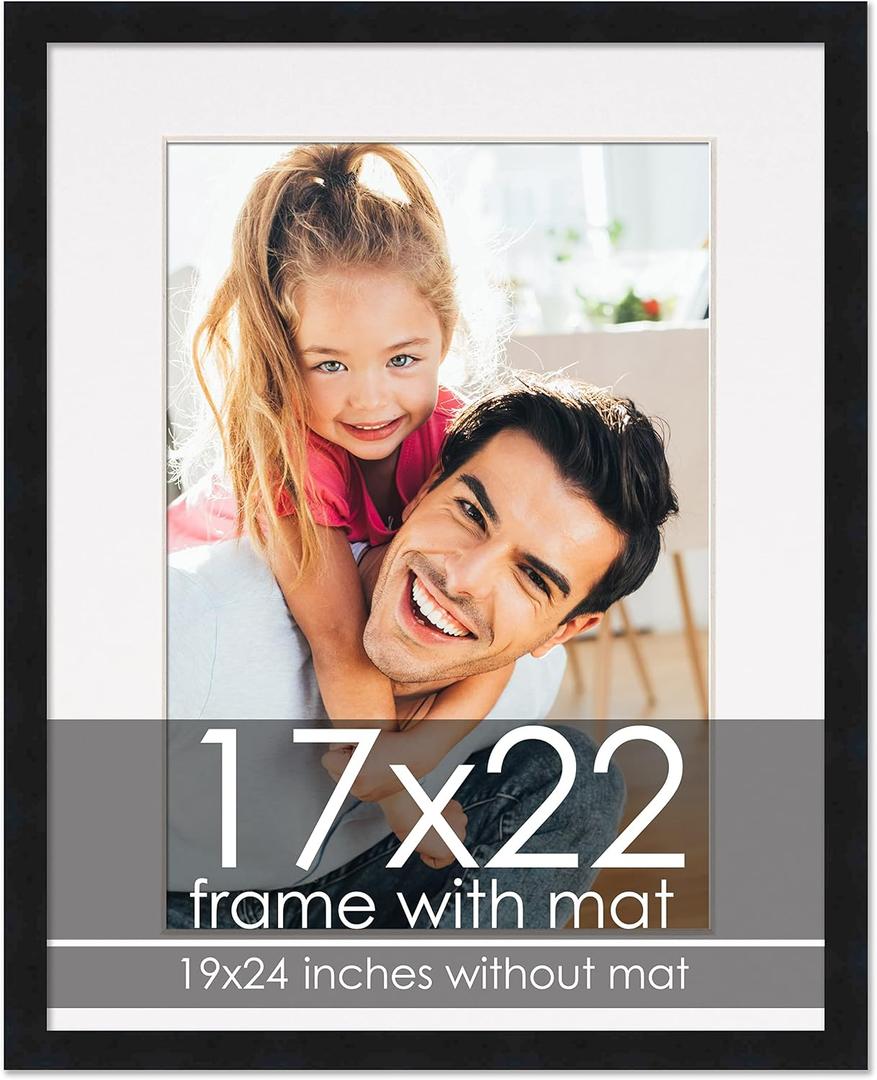 17x22 Black Frame with Mat - Black 19x24 Frame Wood Made to Display Print or Poster Measuring 17 x 22 Inches with White Photo Mat, 19x24 Matted To 17x22