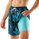 BRISIRA Mens Swim Trunks Swim Shorts 7 inch Compression Liner Bathing Suit Beach Shorts Swimwear Stretch Quick Dry Pockets (5X-Large, Bluetropical)