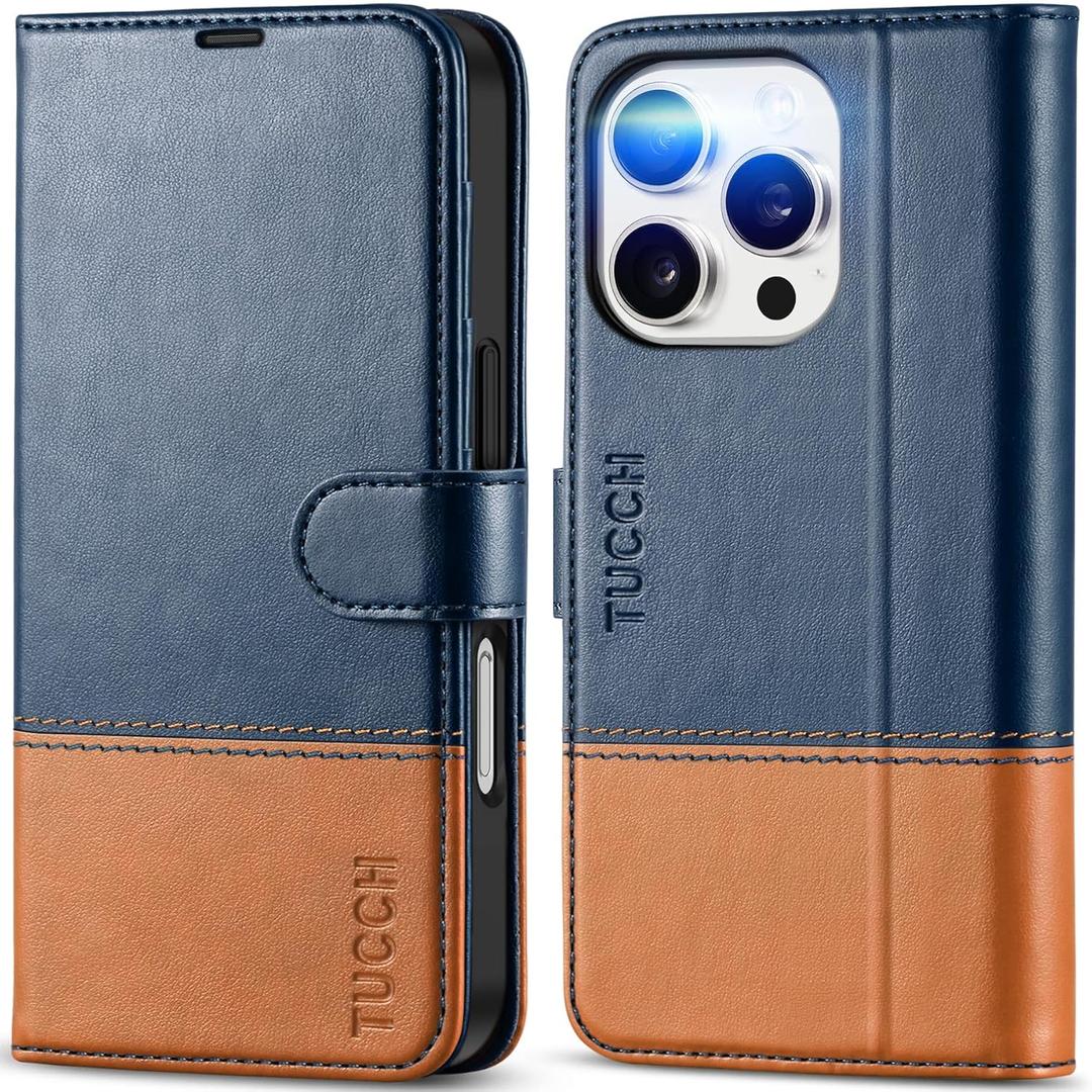 TUCCH Wallet Case for iPhone 16 Pro, [RFID Blocking] [4 Card Slots] TPU Interior Protective Case, Magnetic Folio Shockproof PU Leather Stand Flip Cover Compatible with iPhone 16 Pro, Blue&Brown
