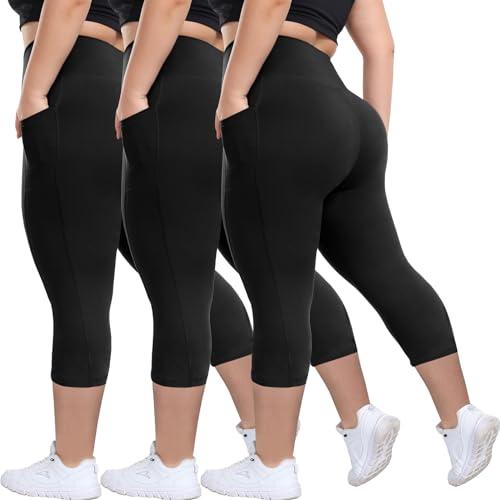 HLTPRO 3 Pack Plus Size Capri Leggings with Pockets for Women - High Waisted Soft Workout Tummy Control Yoga Pants (3X-Large, Black)
