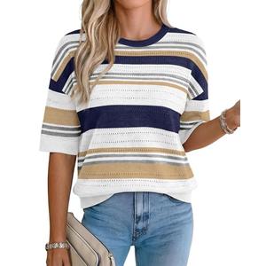 Plus Size Clothes for Women Fall Fashion Clothes 3/4 Length Sleeve Womens Tops Crochet Sweater Tunic Loose Fit Dressy Striped Navy Blue Color Block XL