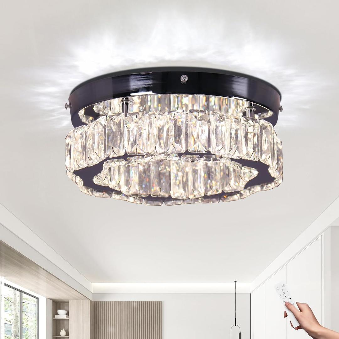 FRIXCHUR Dimmable LED Ceiling Light with Remote Small Crystal Chandelier Flush Mount Light for Hallway Foyer Kitchen Bedroom Dining Room,10.43",Colors Change