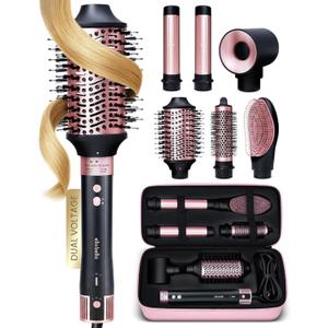 ELLA BELLA 6 in 1 Professional Hot Air Styler Dual Voltage  Powerful Hair Dryer & Straightener Set  Styling Without Heat Damage  Fast Drying Curling Volumizing Straightening  with Travel Case (Black & Rose Gold (Dual Voltage))