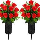 Artificial Cemetery Flowers, Grave Memorial Flowers, Set of 2 Artificial Rose Bouquet with Vase for Cemetery Headstones Gravesites Decoration (Red)