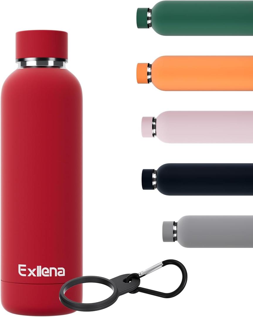 Exllena Slim Insulated Water Bottles for Travel 18oz with Clip, Double Wall Vacuum Stainless Steel Water Bottle Keeps Drinks Cold 24 Hrs/Hot 12 Hrs, 100% Leakproof, BPA FreeRed