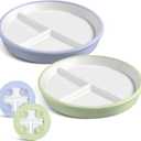Domensi 2 Pcs 8" Large Porcelain Kids Plates with Anti-slip Silicone Sleeve Ceramic Divided Plate with Suction for Toddler Eating Microwave Dishwasher Friendly (Blue,Green)
