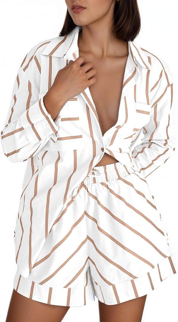 Tankaneo Womens Striped 2 Piece Outfits Button Down Shirts and Shorts Lounge Matching Sets (White, S)