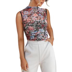 REORIA Womens Sheer Mesh Sexy Bodysuits Mock Neck Sleeveless Shirts Ruched Trendy Going Out Bodysuits Tops 2025 (Floral Black), XS